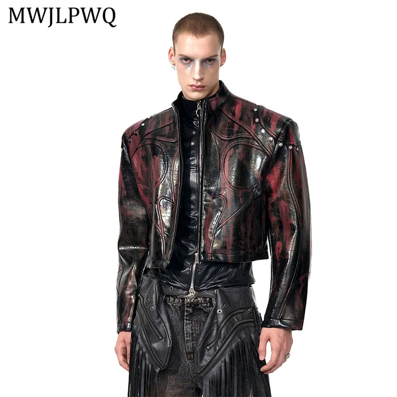 

MWJLPWQ Short Stand Collar Leather Jacket For Men Autumn New Shoulder Pad Motorcycle Coat Men's Stylish Autumn Hiphop Tops 11579