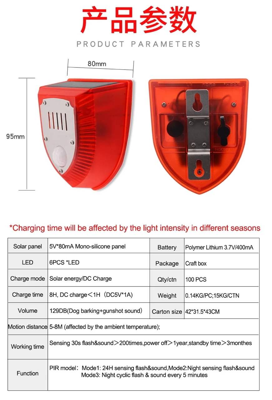 Lumière d\'alarme solaire répulsive pour animaux, anti-sanglier, conduite d\'alarme, clignotant antivol, télécommande, capteur de sirène, extérieur,