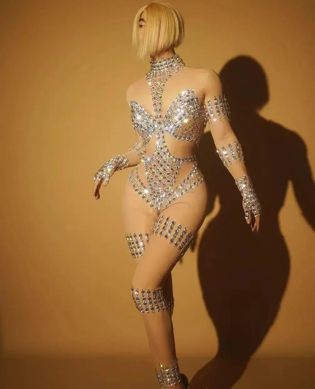 Sexy Silver Sparkly Diamonds Jumpsuit Women Performance Bodysuit Party Singer Dance Costume Jazz Dance Clothing Dunpai