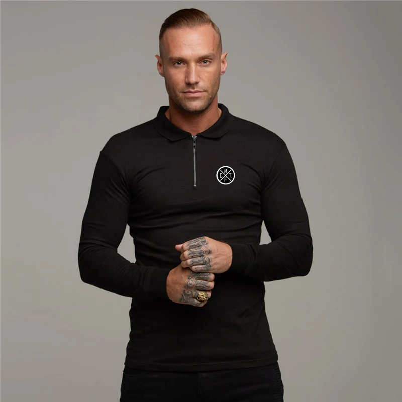 Autumn and Winter Men's Business Zipper Lapel Printed Cotton Bodybuilding Fitness Long-sleeved POLO Shirt