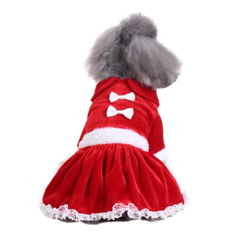 Christmas Dog Dress Red Velvet One-piece Skirt with Bow Knots Classic Holiday Costume for Small Medium Dogs Cats Outdoor Party