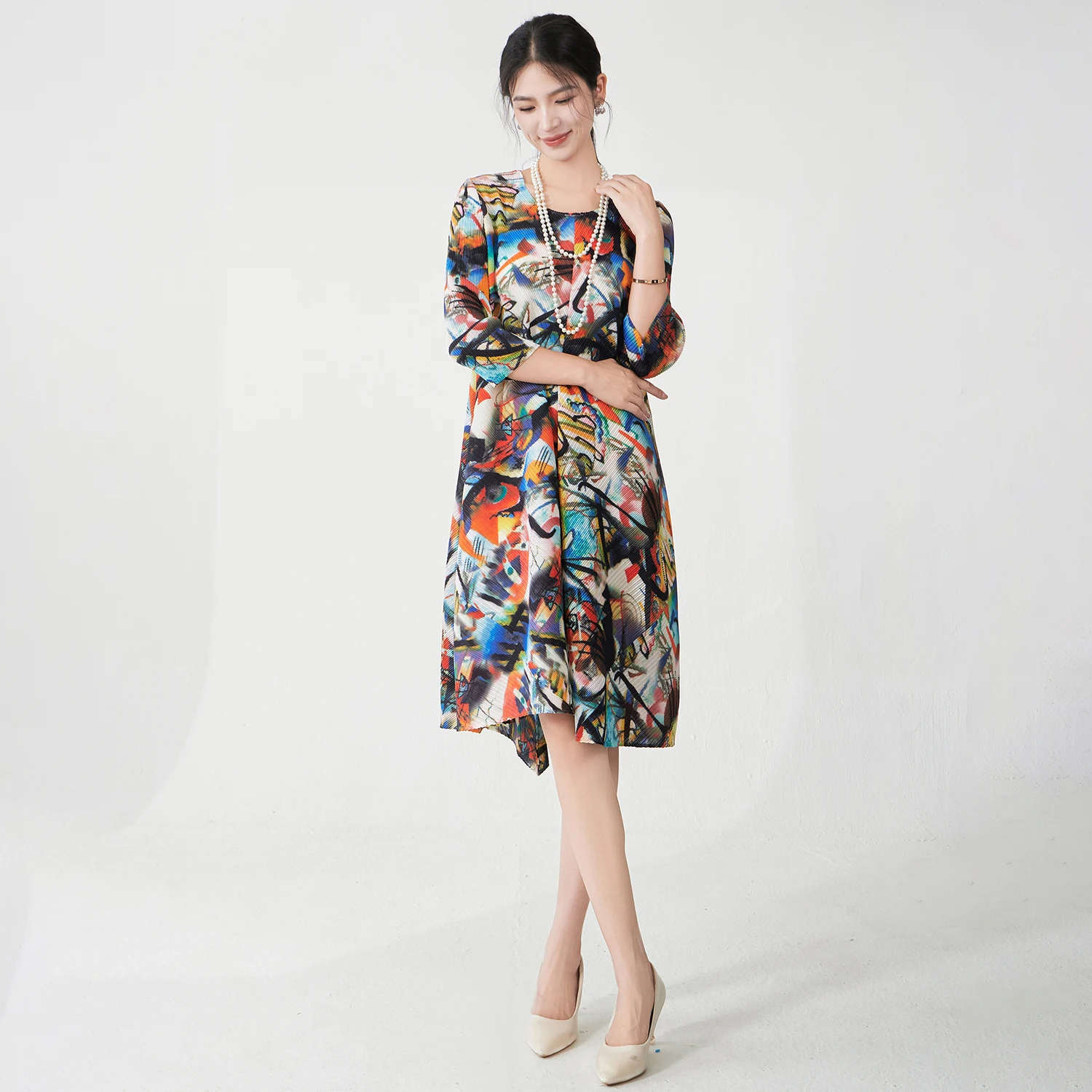 New Arrival 2025 Miyake Summer Printed Midi Dress Stretch Casual Dress Women's Pleated Dress