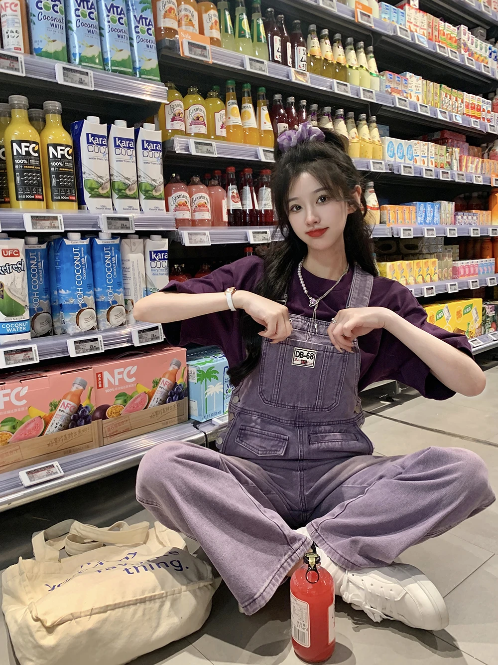 Vintage Women Denim Jumpsuit 2024 Korean Style Purple Casual Loose Straight Jeans Spring Autumn Girls Strap Overall