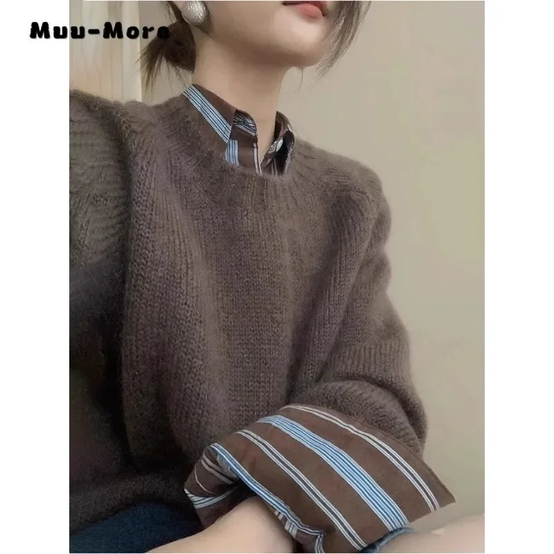 Women's Vintage Fake Two Piece Turn Down Collar Knitting Pullovers 2023 Winter Fashion Long Sleeve Casual Female Sweater Top