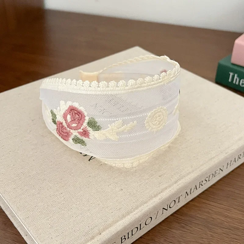 عصابة رأس شبكية مطرزة على شكل زهرة من الدانتيل للنساء، ربطة شعر أنيقة وبسيطة من القماش للفتيات