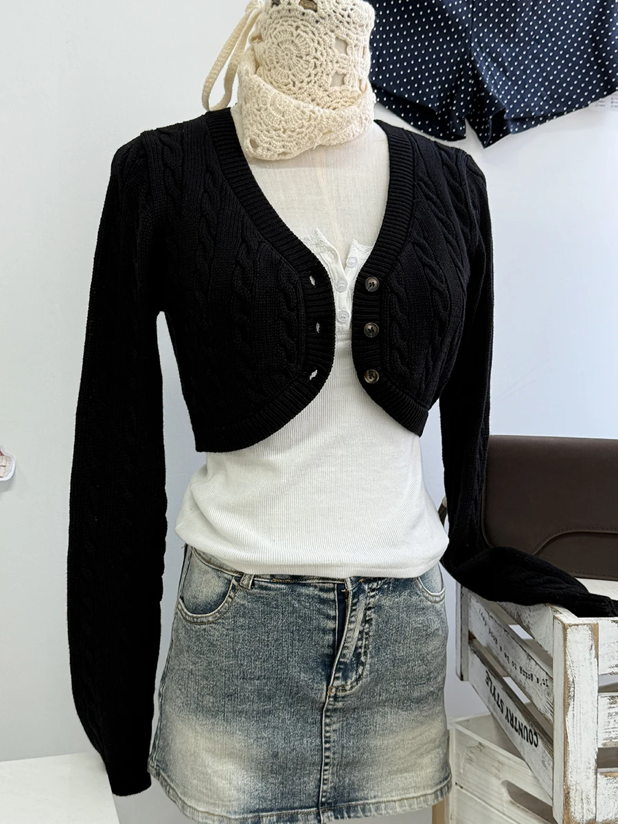 

Cropped Knitwear Women Cotton Twisted Flower V-neck Long Sleeve Slim Crop Tops Sweater Vintage Chic Sweater Cardigan