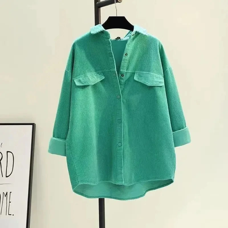 

Avocado Green Mid-length Corduroy Shirt Women's 2023 Spring New Loose Everything Thickened Double Pocket Shirt Coat Cardigan X41