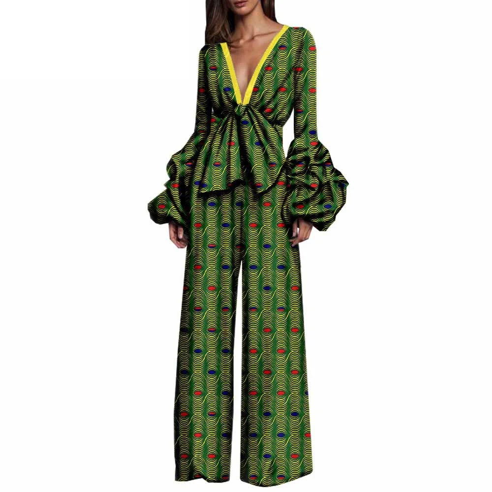 2023 Hot Fashion African Print Women Jumpsuit V-Neck spring Sexy Romper Wide Leg Pants African Ladies Jumpsuits Rompers Custom