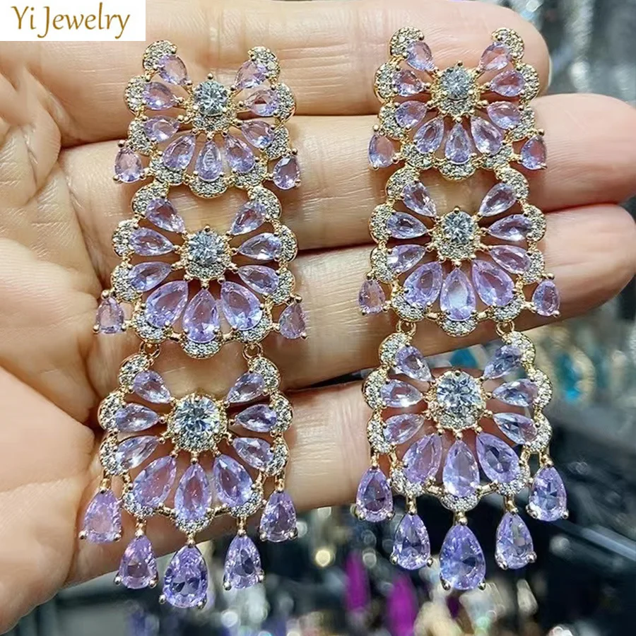 Long Dangle Earrings for Women Wedding Dinner Party Shiny Jewelry Colorful Cubic Zirconia Flower Earrings