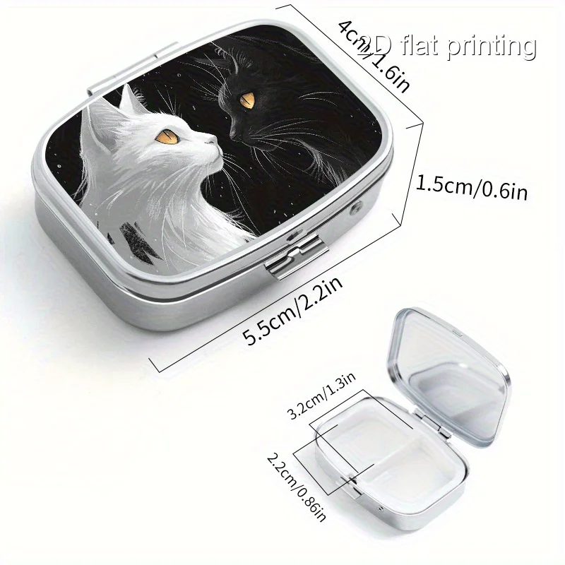 1Pc Black and White Cat Pattern Random Print Square Small Box, 2-Compartment Metal Box, Portable Small Box with Compartments, Portable Small Box for Wallets or Money, Decorative Metal Small Vitamin Storage Box, Suitable for Travel, Camping, Unique Gift
