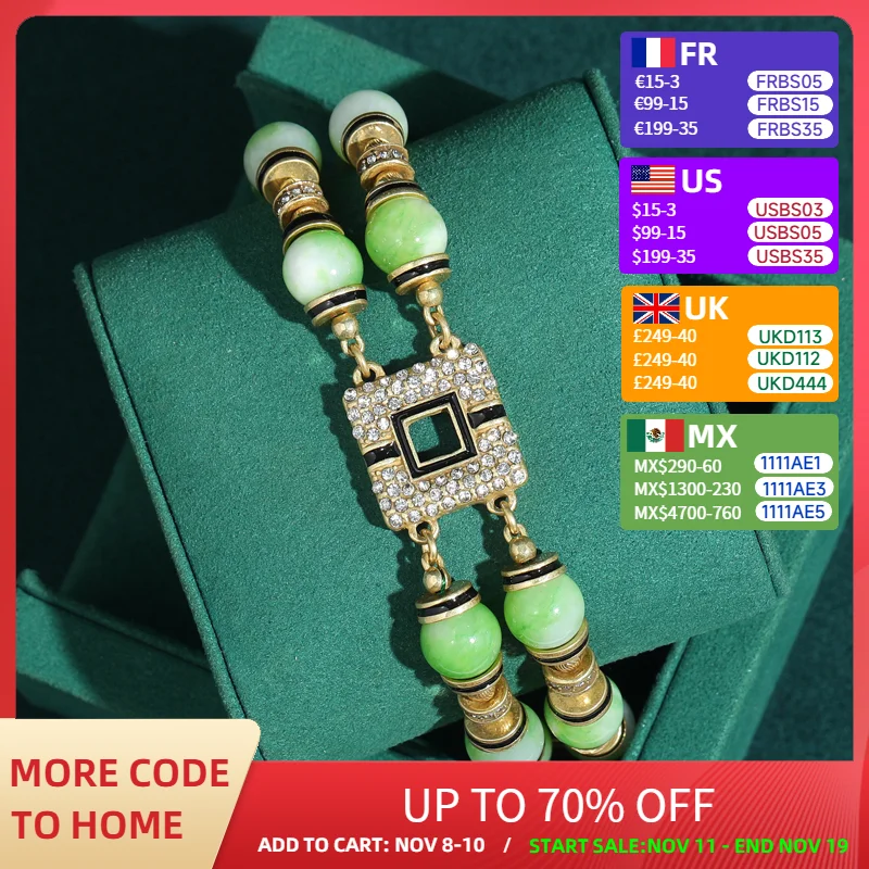 

Vintage Green Bead Charm Bracelet Crystal Circular Square Rhinestone Chain Bangle Summer Jewelry Antique Gold Color For Woman