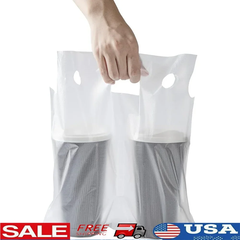 

Disposable Plastic Drink Carriers 100 Pack Double Cup Bags with Handles Lightweight Clear Beverage Delivery Bags Easy Carrying