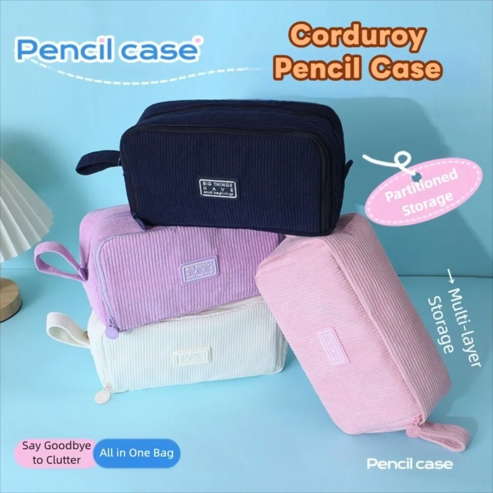 Multilayer Large Capacity Pencil Case Desk Organizer Durable Corduroy Pencil Pouch Pencil Bag Zipper Student Stationery Box