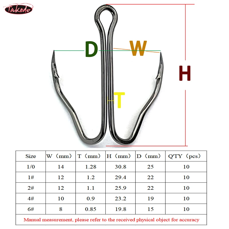 TAKEDO 6# - 1/0 Short Handle Double Hook 3551 Black Nickel Fishhook 2X Strength High Carbon Steel Fishing Hook For Frog Lure