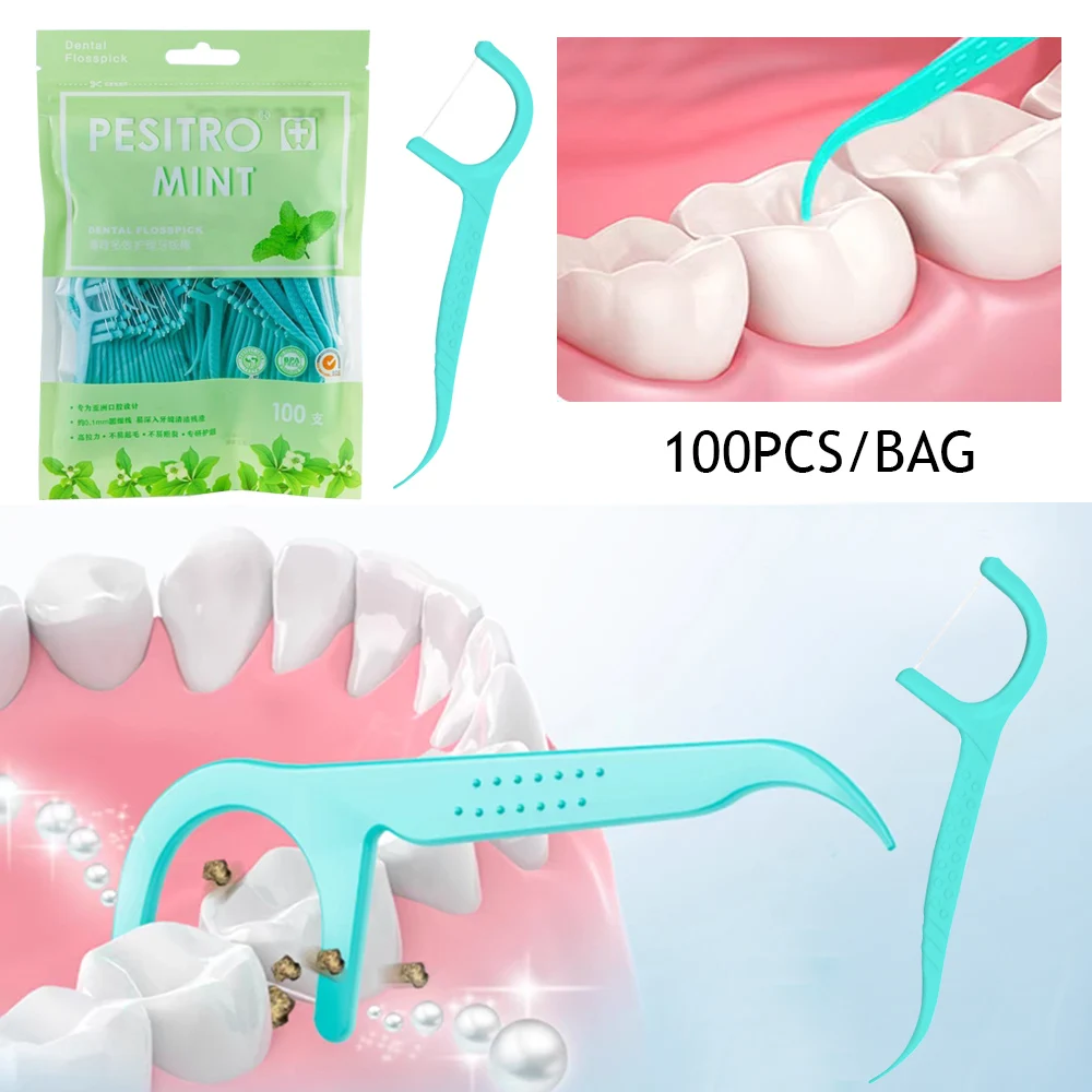 Hilo Dental portátil, cepillo Interdental de menta, palo de limpieza Dental, palillo de dientes desechable, higiene bucal, cuidado bucal, 100