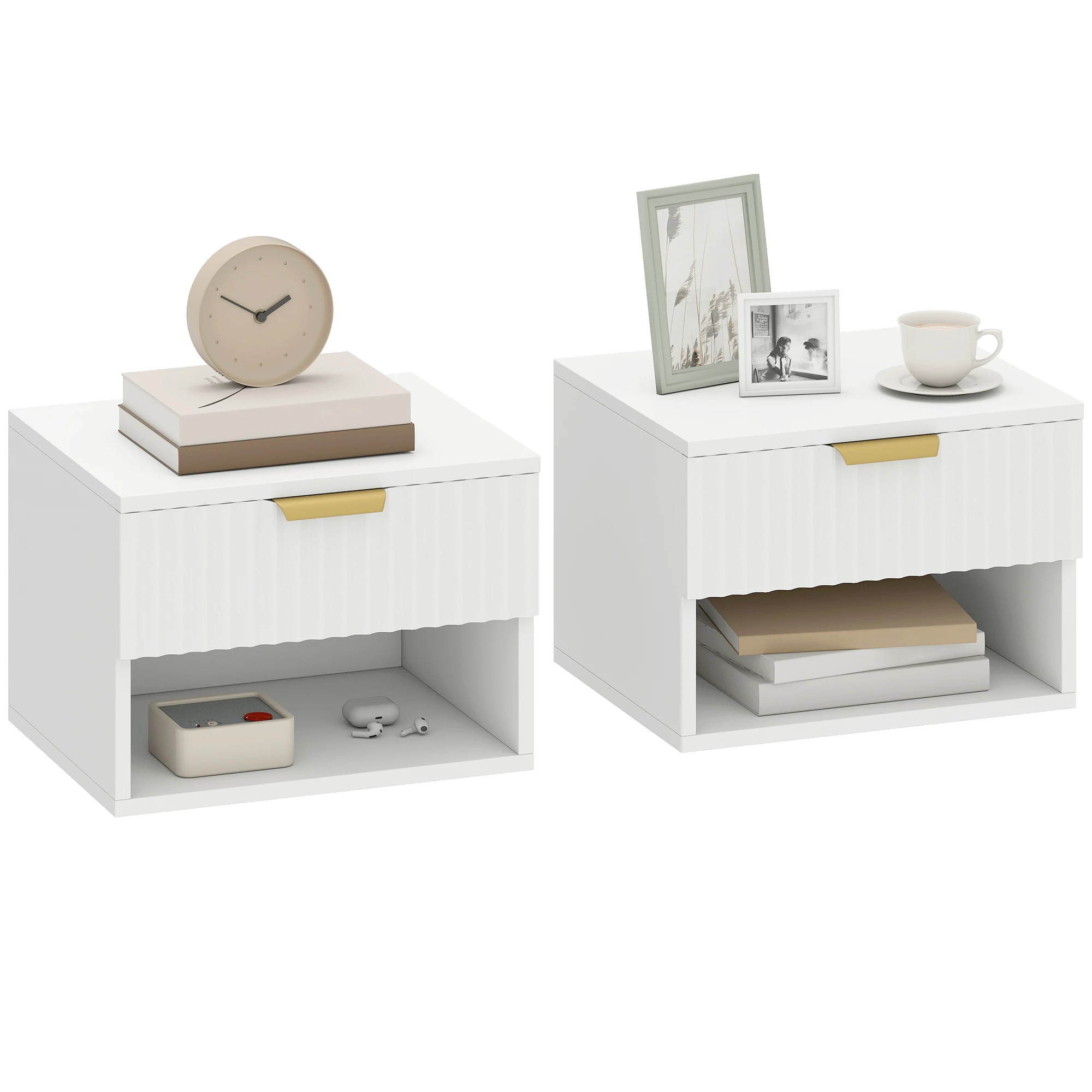 HOMCOM Juego de 2 Mesitas de Noche Flotantes Estrechas, Mesillas de Noche Dormitorio con Cajón con Frente Acanalado y Estante Abierto, para Sala de Estar, 40x34x29 cm, Blanco
