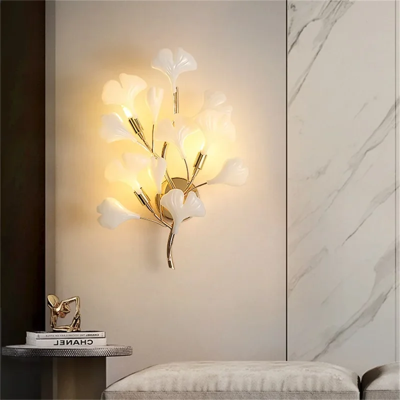 Imagem -02 - Nordic Ginkgo Led Wall Lamp Folha Quarto Hotel Arandelas Modernas Arte Decoração Ouro Cabeceira Corredor Iluminação Interior g9