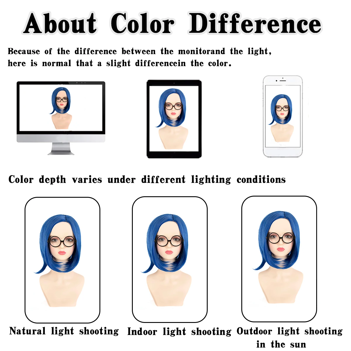 Perruque Bob courte bleue + lunettes noires + bonnet de perruque bleu Anime émotion Cosplay Costume perruques avec frange partie latérale cheveux synthétiques