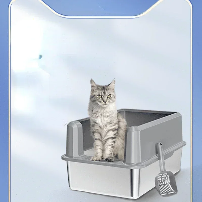 Litter Box Oversized Stainless Steel Open Cat Toilet Anti-Splash Extra Large  Poop Basin Litter Box Enclosure