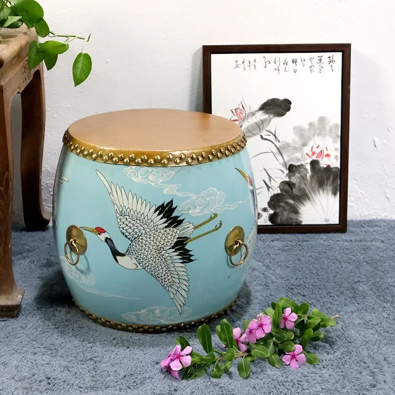 

Poplar Leather Drum Stool Exquisite Painted Shoe Changing Seat Wear-resistant Guzheng Vintage Low Chair Suitable for Music Room