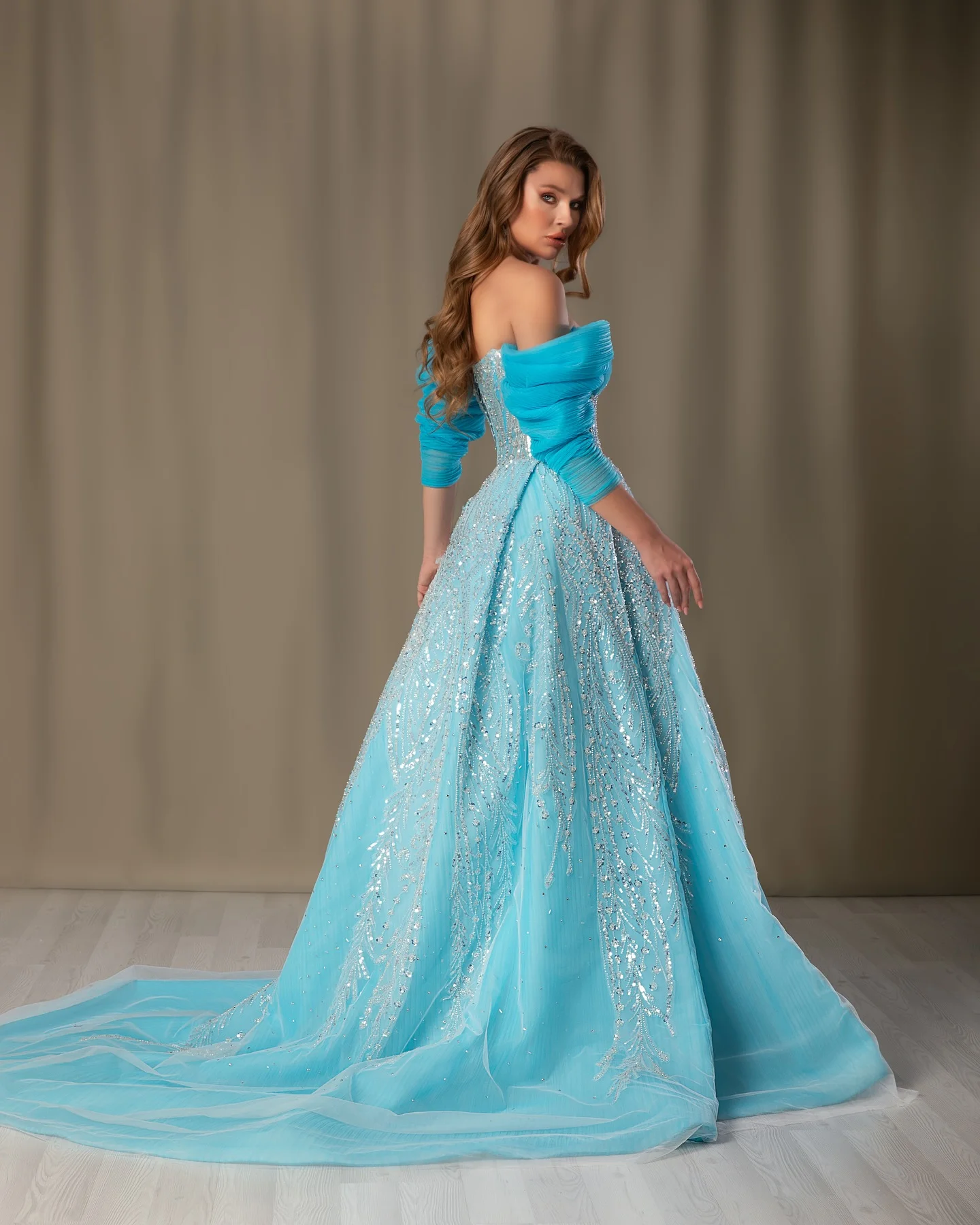 Charming Ice Blue Beaded Lace Long Evening Dresses With Full Sleeves Elegant Arabic A-line Wedding Guest Prom Gowns