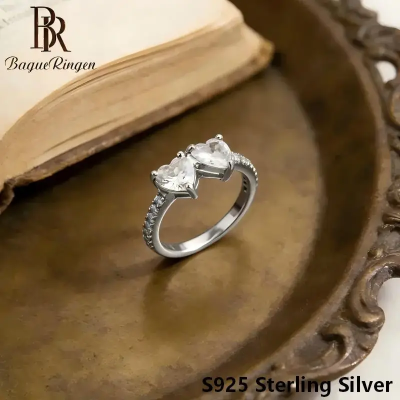 s925 silver inlaid double heart-shaped moissanite ring, light luxury double heart women's ring, fashion accessory