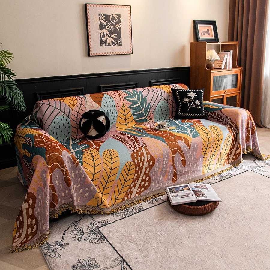 1pc Leaf Pattern Sofa Blanket, Vintage Interlaced Comfortable Sofa Blanket, Suitable for Pets  Anti-slip Protection Home Decor