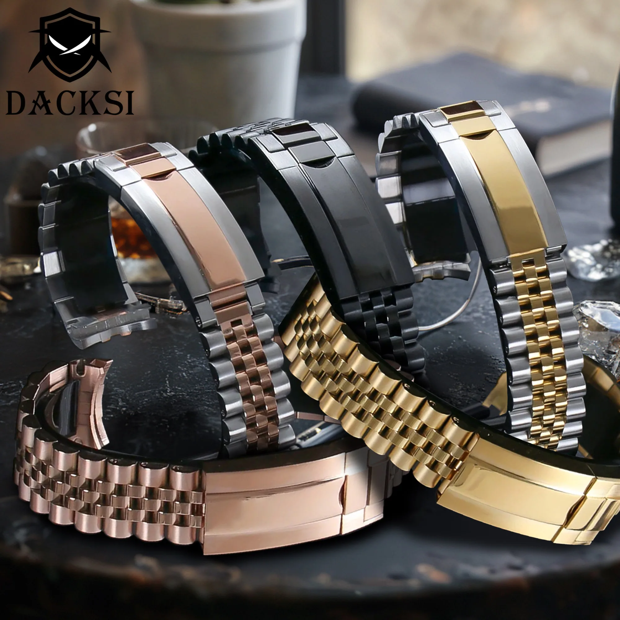 DACKSI Customized 20mm Silver Black Gold Bracelet Slide Glide Lock Clasp 904L Stainless Steel Strap Fit Watch Case Watches Bands