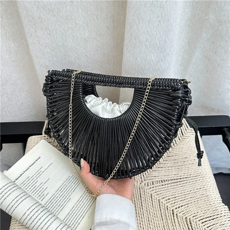 Women Hand Woven Half Moon Clutch Bag Metallic Rattan Hollow Out Chain Crossbody Purse Wedding Evening Party Handbag Сумка