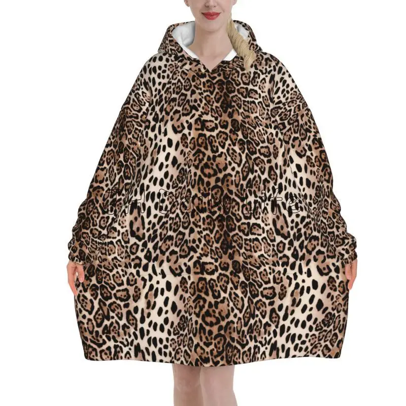 Leopard Oversized Blanket Hoodie Sweatshirt Cheetah Print Wearable Fleece Pullover Warm Cozy Microfiber Fleece Sherpa Blanket