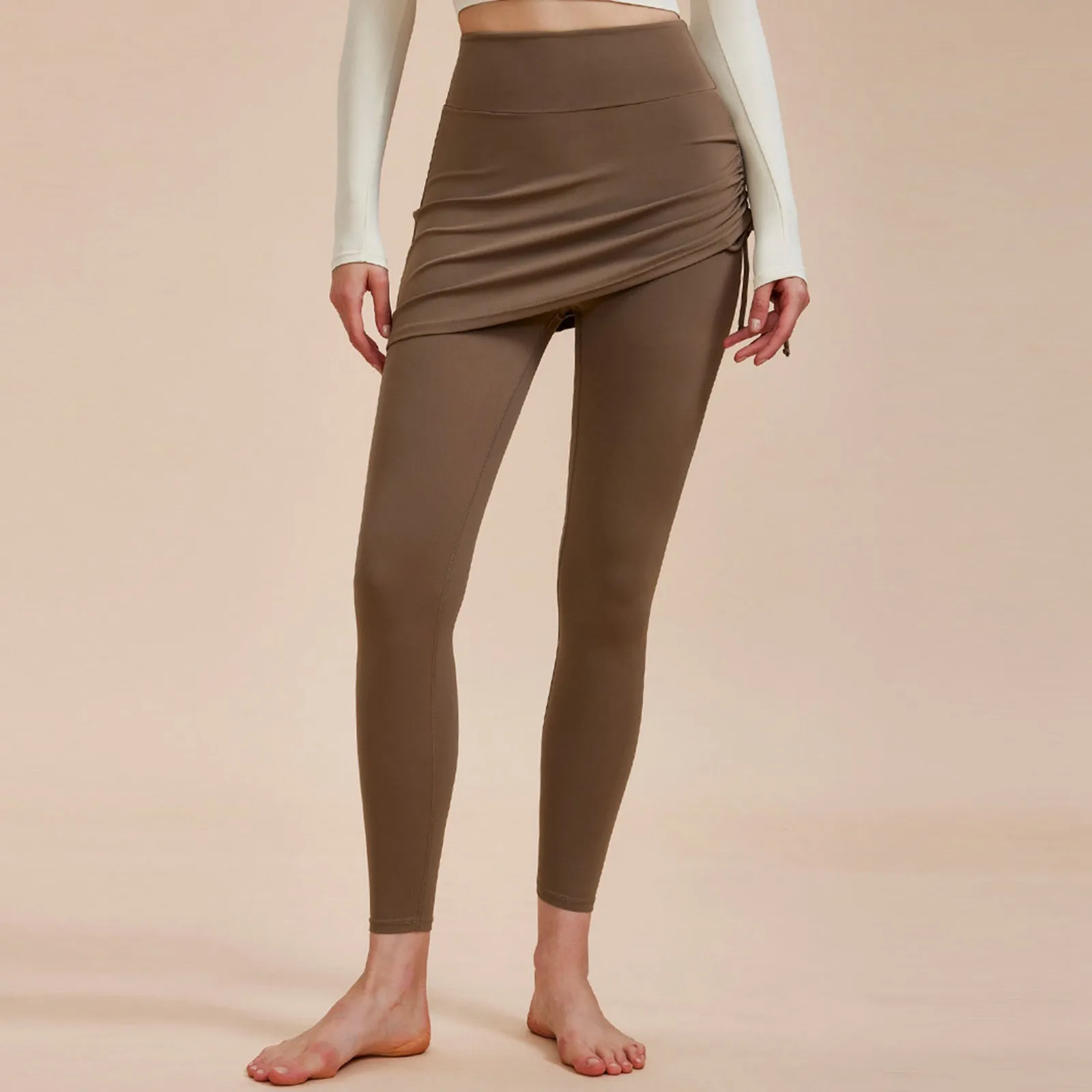 Pantalones de Yoga intermitentes falsos de dos piezas para mujer, sensación desnuda, cubierta de cadera, cordón elástico alto, pantalones de Yoga elásticos, plus