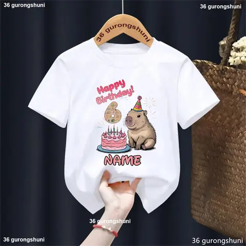 Kawaii Capybara Birthday Gift Kids Clothes Happy Birthday 1st/2nd/3rd/4th/5th6th/7th/8th/9th Printed White Tshirt Girls/Boys