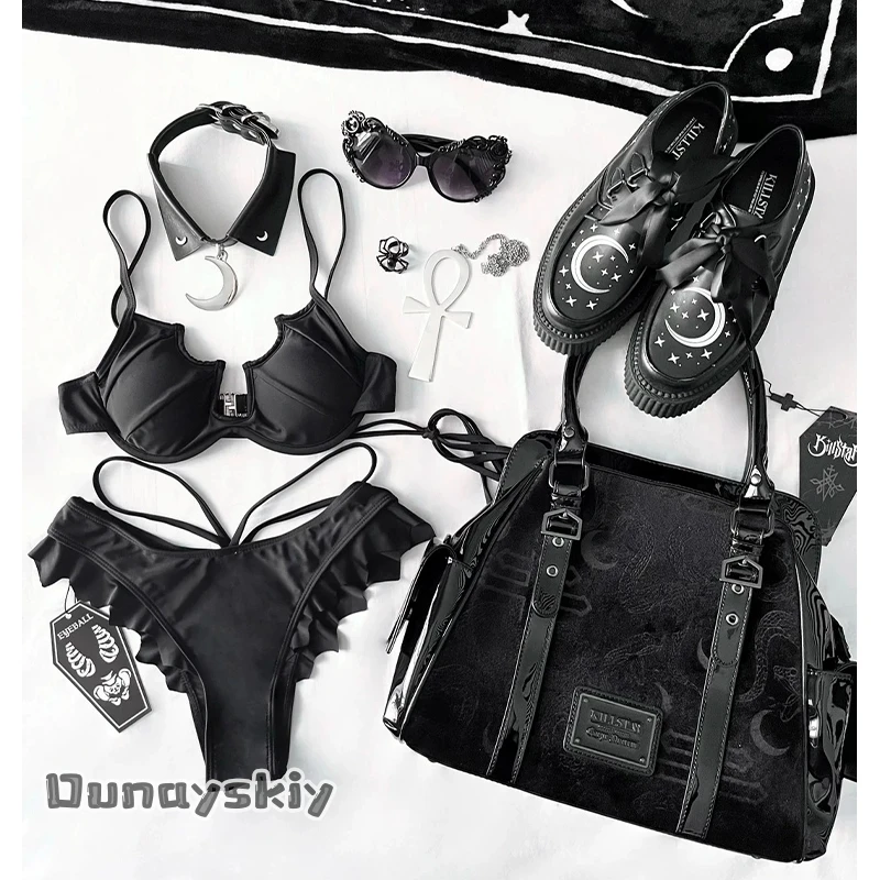 

Yumekiri*/Gothic Kawaii Cat Halter Bikini Swimsuit Black Purple Light Yami Style Cute Cosplay Outfit Jirai Kei De=mon