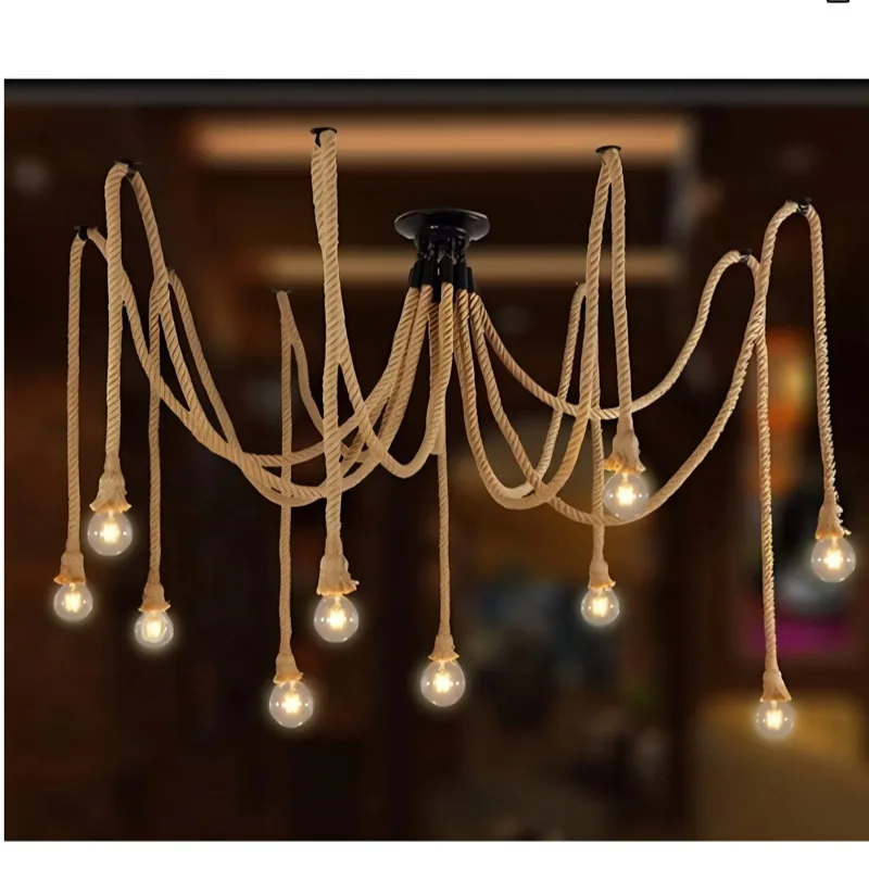 Vintage Hemp Rope Hand Woven Pendant Light Rattan Single Double Head Hanging Lamp for Clothing Store Bar