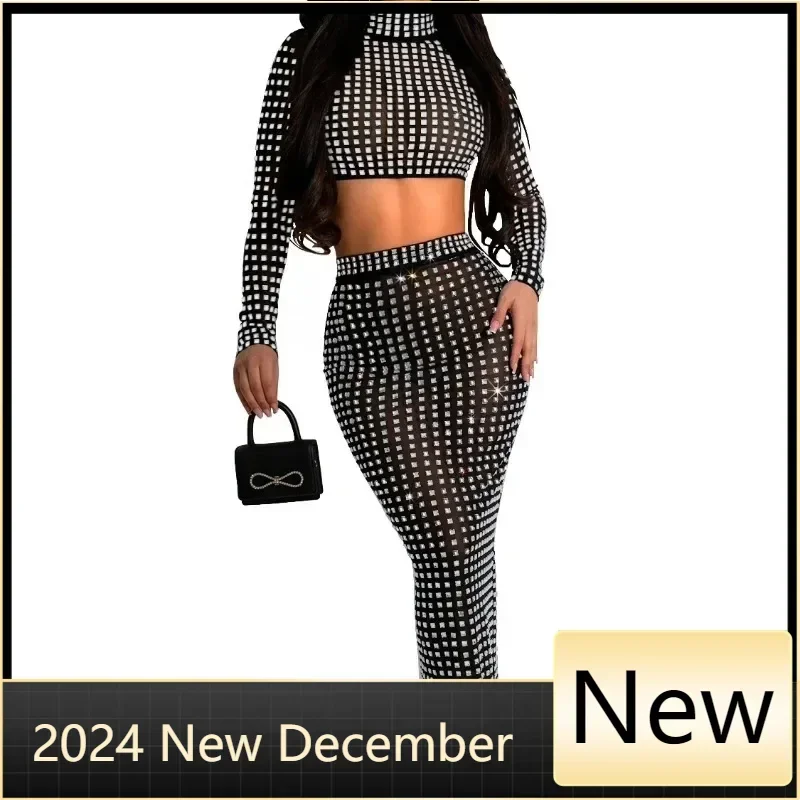 

Сексуальный сетчатый прозрачный топ с блестящими бриллиантами и юбка с длинными рукавами, женский вечерний наряд для дня рождения, роскошный свадебный наряд