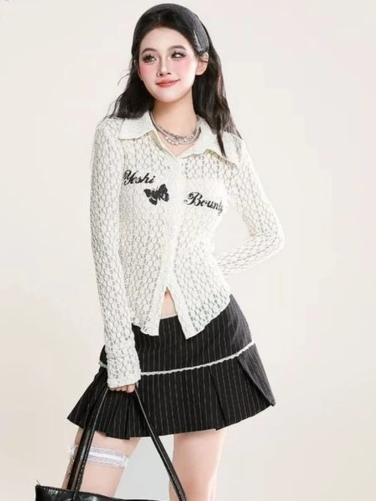 

Sexy American Slim Coat Jacket Women Harajuku Letter Print Lace Hollow Out Top Sweet Spicy Girl Long Sleeve Slim Zipper Cardigan