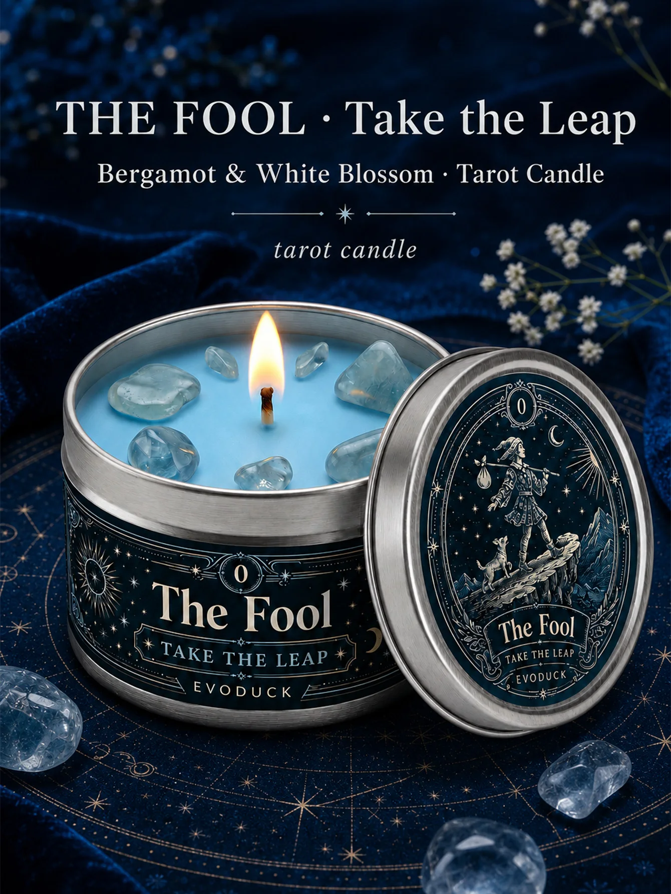 EVODUCK The Fool Tarot Candle, Bergamot & White Blossom Scented Candle with Clear Crystal Stones, Blue Wax Silver Tin, Take The Leap Spiritual Ritual Candle for Meditation, New Beginnings, Witchy Decor, Graduation Birthday Christmas Gift for Women