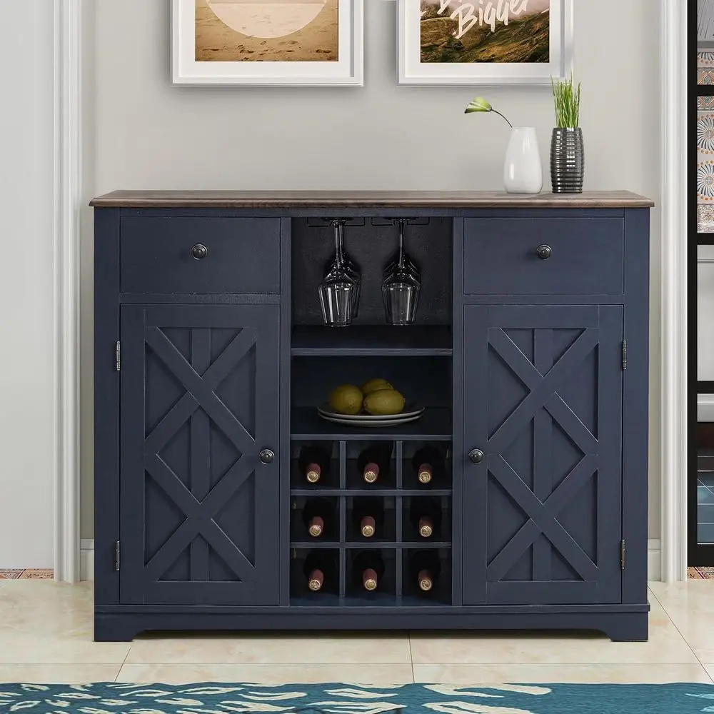 Navy Blue 47 Wine Cabinet with Rack & Lattice, Multifunctional Sideboard for Kitchen and Dining