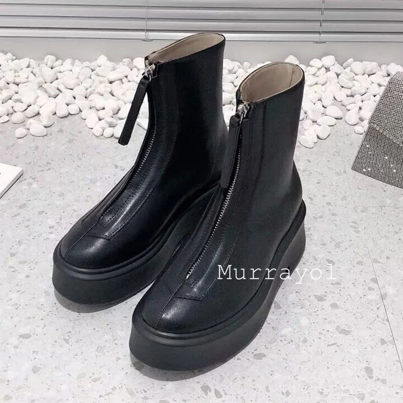 حذاء برقبة قصير بنعل سميك من الجلد الطبيعي للنساء ، إصبع مستدير ، تصميم بسحاب أمامي ، حذاء برقبة للكاحل ، حذاء برقبة ركوب متعدد الاستخدامات ، الخريف ، الشتاء