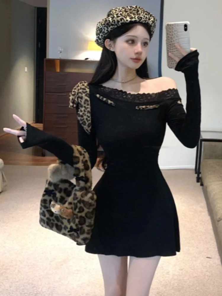 

Sexy Splice Pure Desire Hot Girl Dress Women's Autumn New Style Sexy Oblique Shoulder Slimming Long Sleeve A-Line Skirt