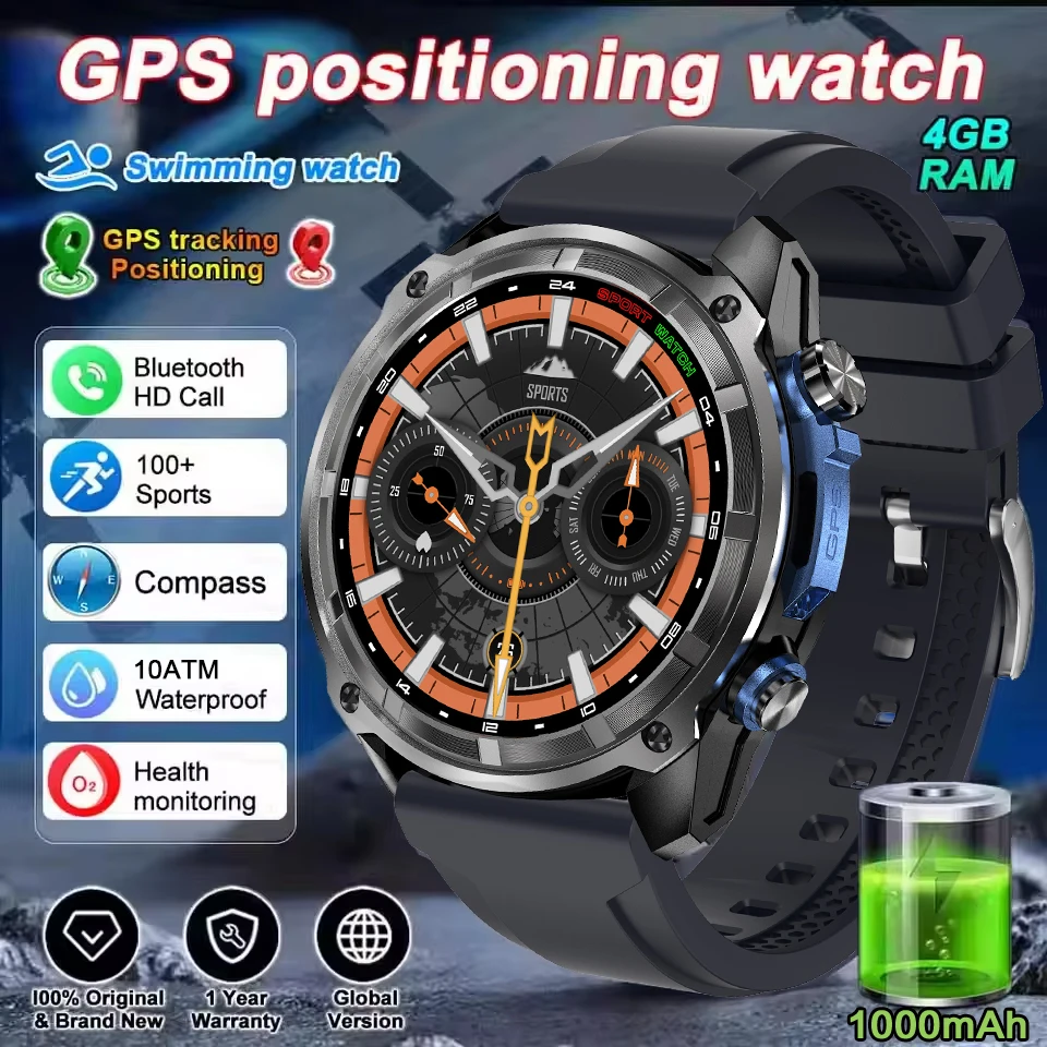 2025 Militaire offline kaart 1000 mAh batterij Smart Watch 4 GB groot geheugen GPS-navigatie MP3/MP4-speler Zwemmen Sport trackr Smartwatch