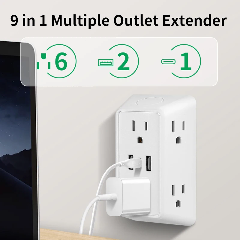 

US Multi Socket Wall Socket with 6 AC Outlets 4 USB Port(2 Type C) Universal Plug Power Strip Network Filter Fast Charging Tools