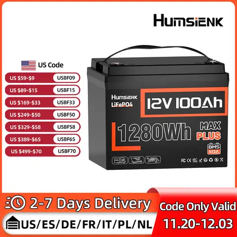 Humsienk LiFePO4 batterie au Lithium 12V 100AH BMS 100A 1280Wh pour RV/fourgonnettes/moteur de pêche à la traîne/hors réseau/Camping/garantie 2 ans/UL 1973