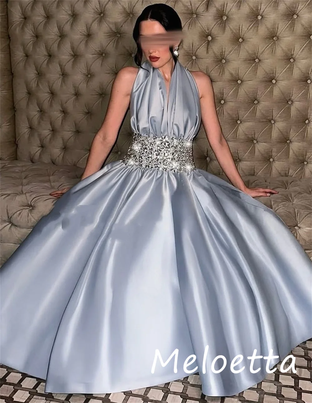 Customized High Quality Charmeuse Sequined Pleat A-line Halter Long Dresses Bespoke Occasion Elegant Classic