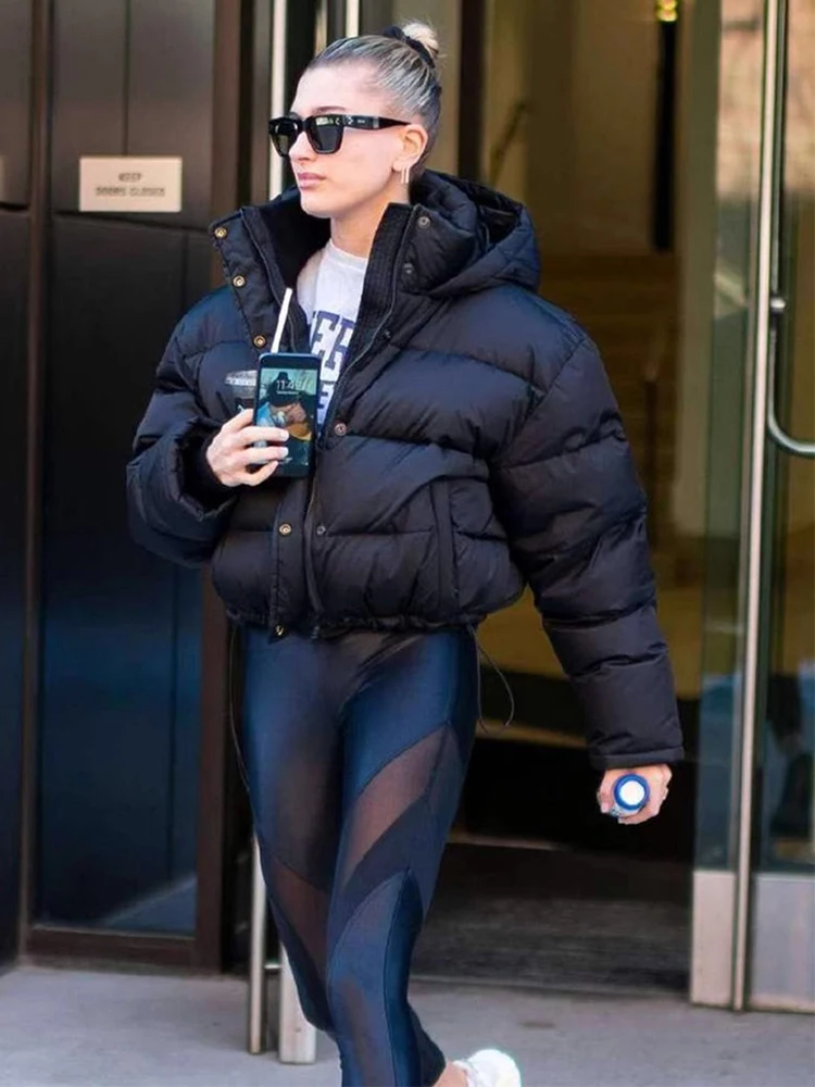 

Naturaleye Street Style Short down Jacket Black Hooded Long Sleeve Warm Cotton Coat for Small Stature Winter Outerwear