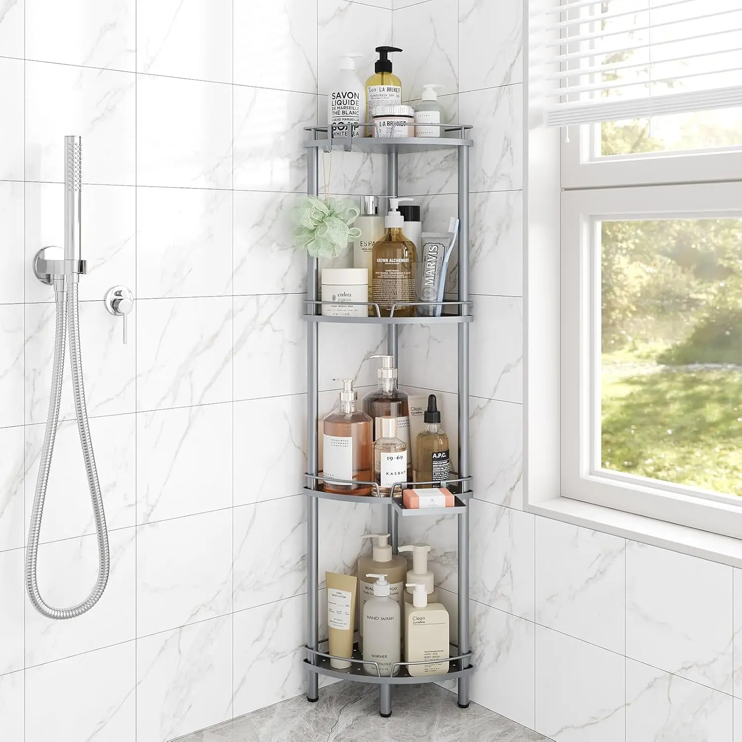 

4-Tier Rustproof Metal Shower Organizer with Soap Holder, Adjustable Feet & Hooks for Bathroom Storage, Silver