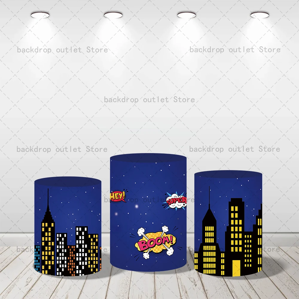 Mehofond City Superman Cylinder Plinth Covers Boy Baby Birthday Baby Shower Party Cylinder Cover Background Decoration