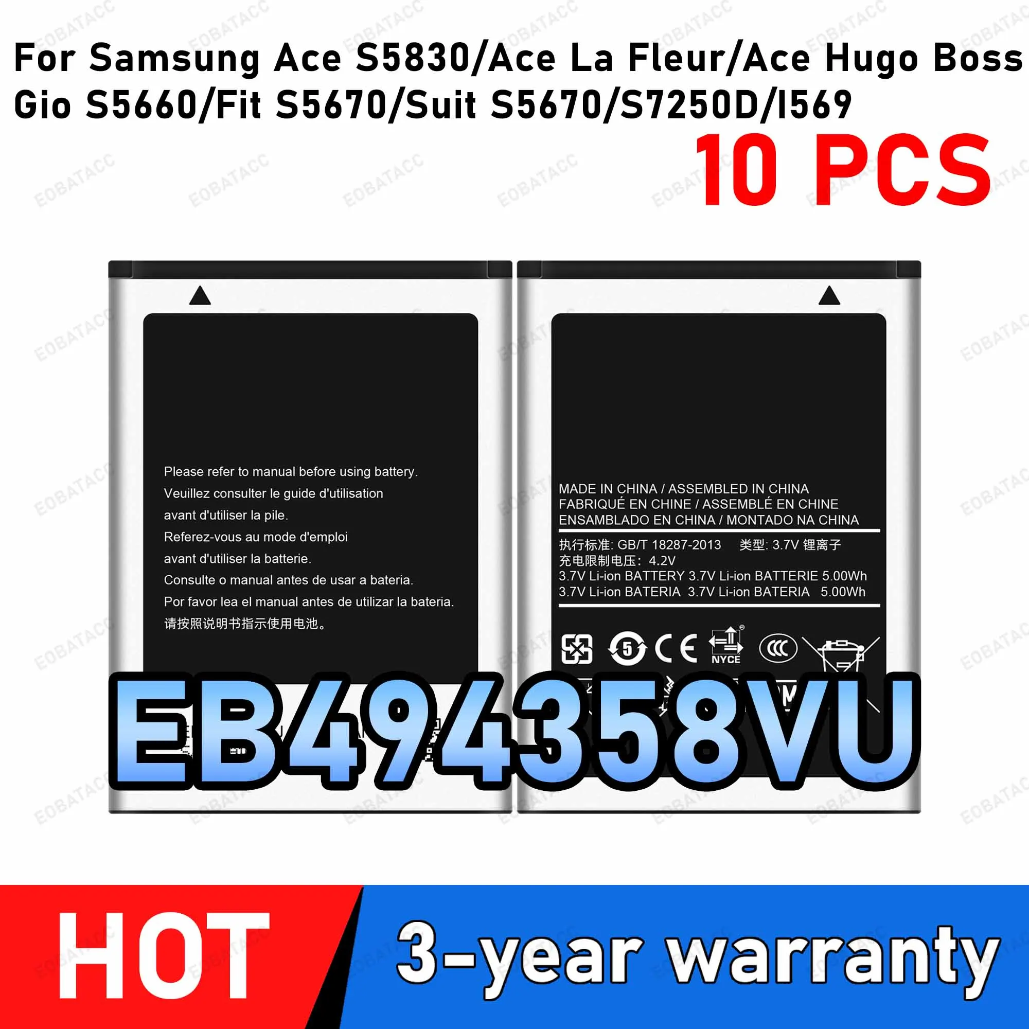 10Pcs EB494358VU Battery For Samsung Galaxy Ace S5830 S5660 S7250D S5670 i569 I579 GT-S6102 S6818 GT-S5839i  battery