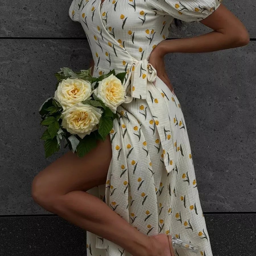 Vestido longo estampado f de verão, com amarração na cintura, manga bufante, saia em linha A, cintura alta, estilo cas...