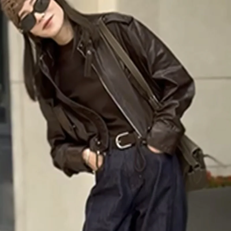 Veste en cuir véritable vintage pour femme, style motard américain, avec sangle bleue, modèle court